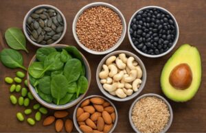 Magnesiumreiche Lebensmittel wie Spinat, Kerne, Nüsse, Hülsenfrüchte und Avocado – natürliche Basis für die Magnesium Citrat Wirkung