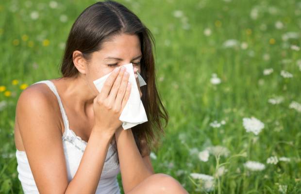 pollen-allergie-symptome-niesen-wiese Frau mit Pollenallergie niest auf einer Wiese – typische Pollen Allergie Symptome